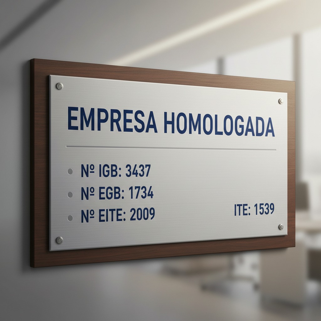 Una placa metálica montada sobre un marco de madera que muestra el texto EMPRESA HOMOLOGADA junto con diversos números de registro.
